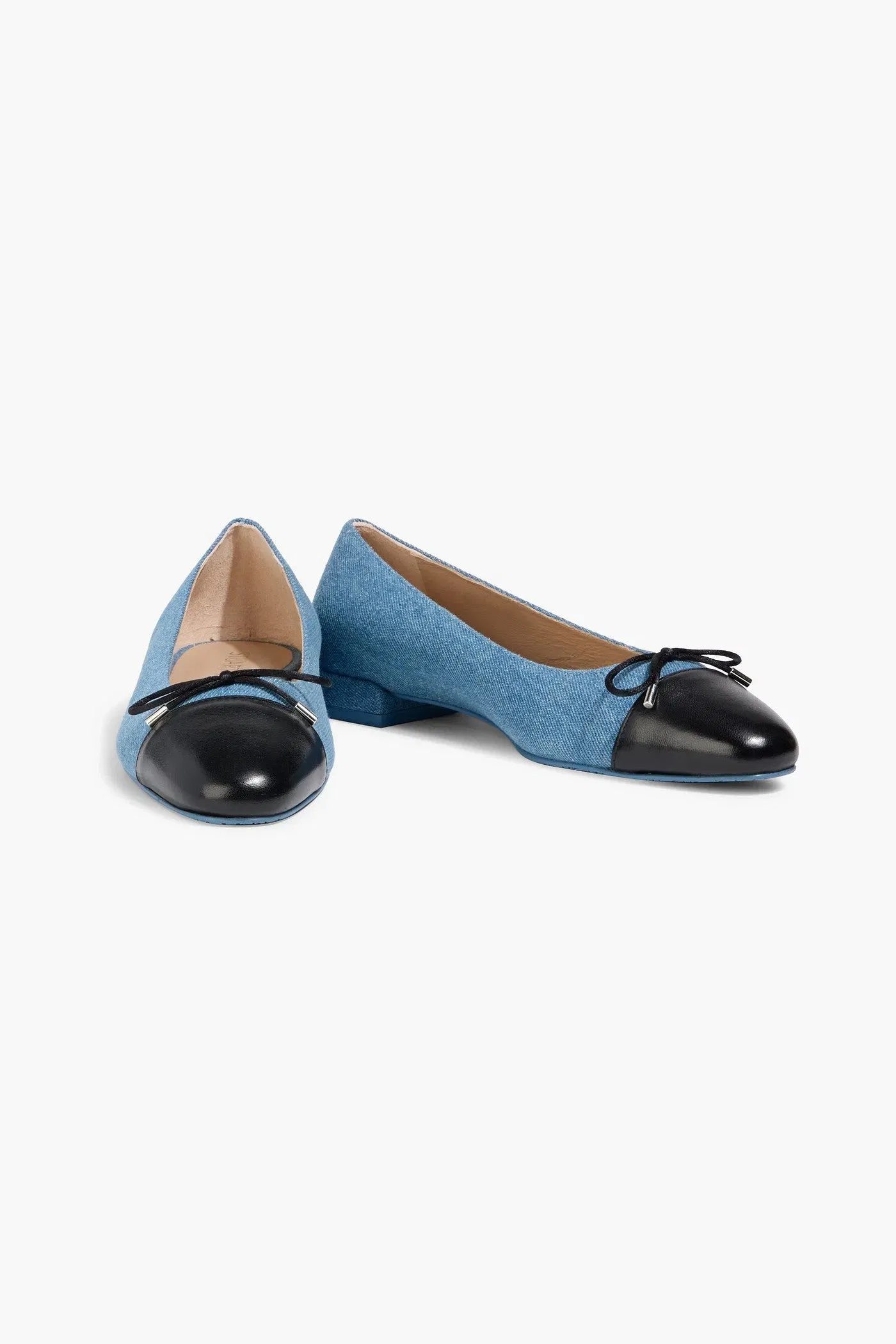 Stuart Weitzman Sleek Bow Leather-Trimmed Denim Ballet Flats Mid Denim Women's