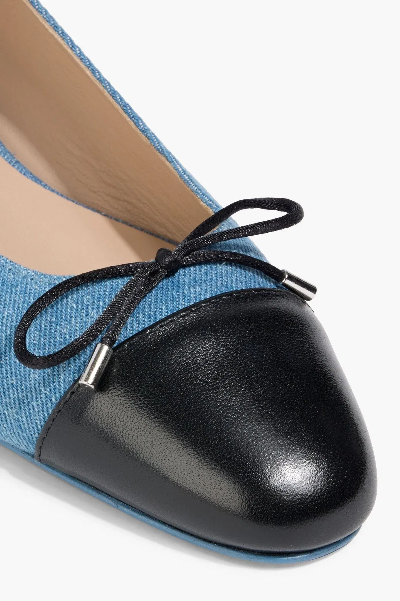Stuart Weitzman Sleek Bow Leather-Trimmed Denim Ballet Flats Mid Denim Women's