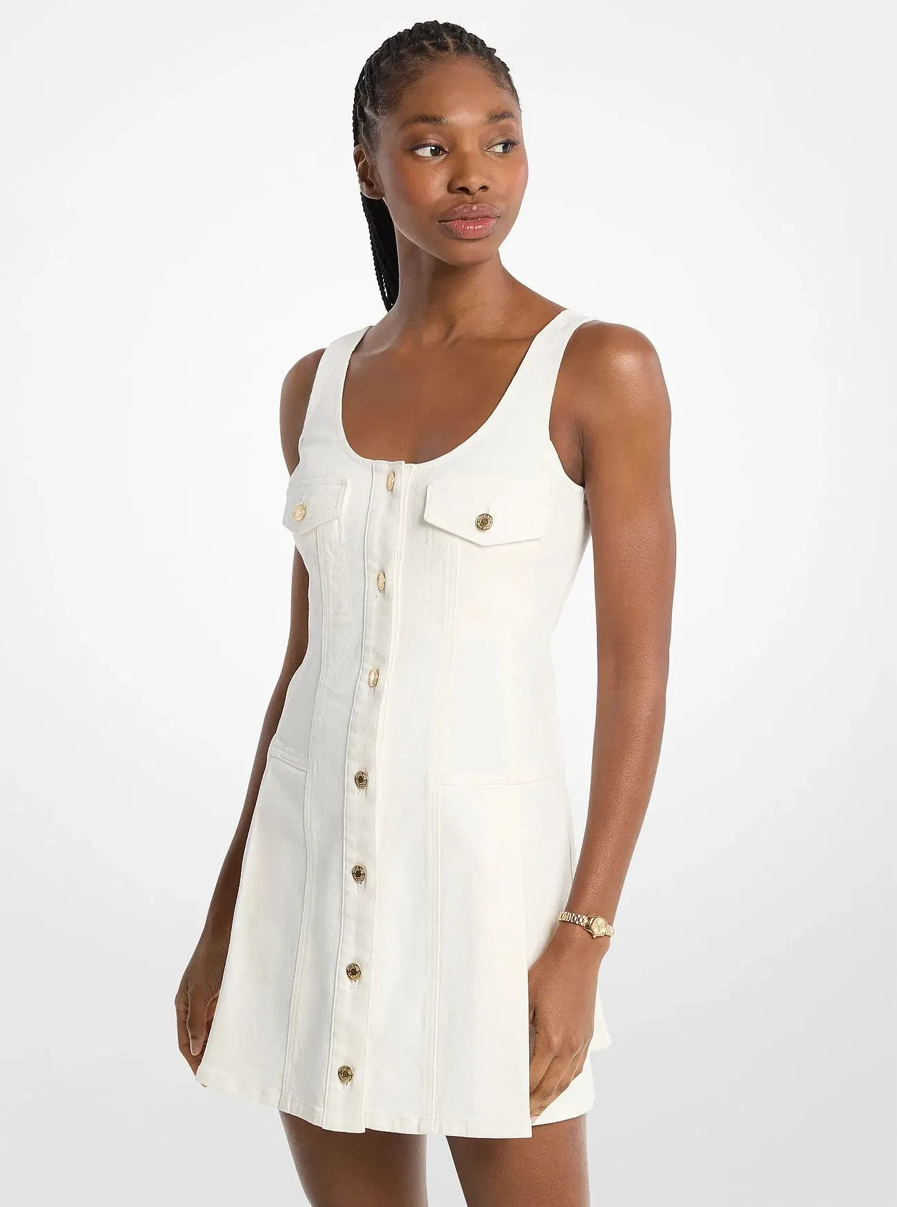 Michael Kors Pleated Denim Mini Dress BONE