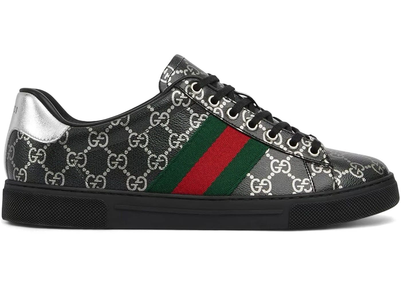 Gucci Ace Black Gg Monogram Silver Gg Motif