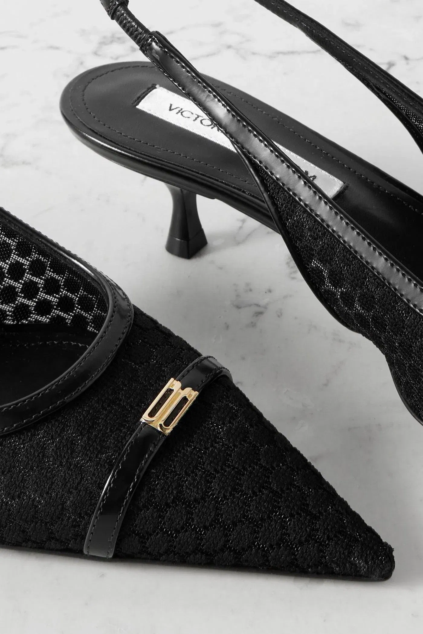 Victoria Beckham Logo-Embellished Leather-Trimmed Point D'esprit Slingback Pumps Black Women's