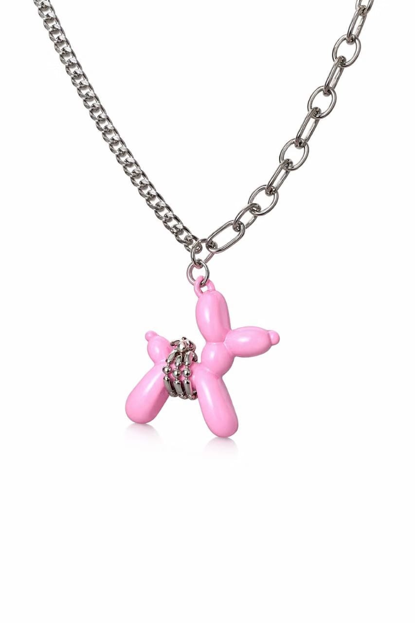 Double Chain Stack Balloon Dog Necklace Pink
