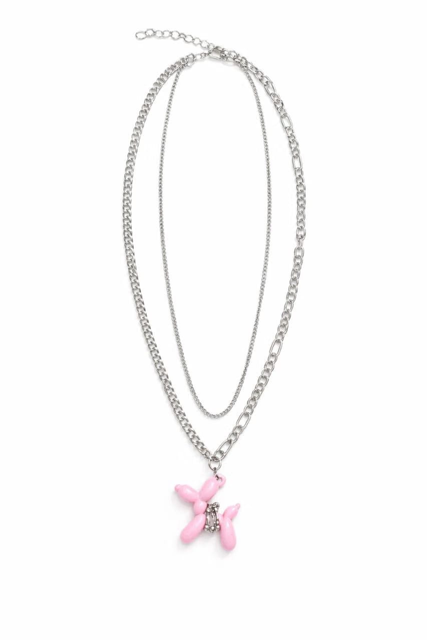 Double Chain Stack Balloon Dog Necklace Pink