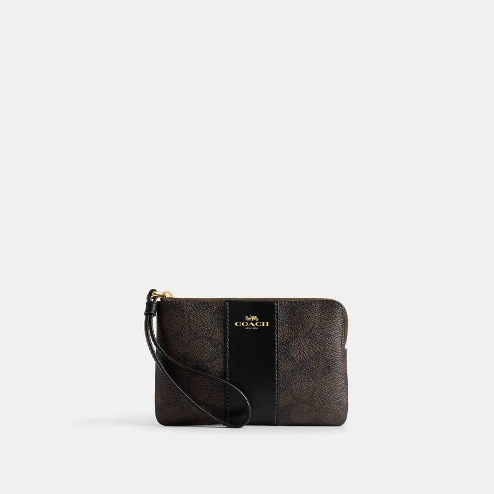 Coach Corner Zip Wristlet In Signature Canvas With Stripe Gold Walnut Black