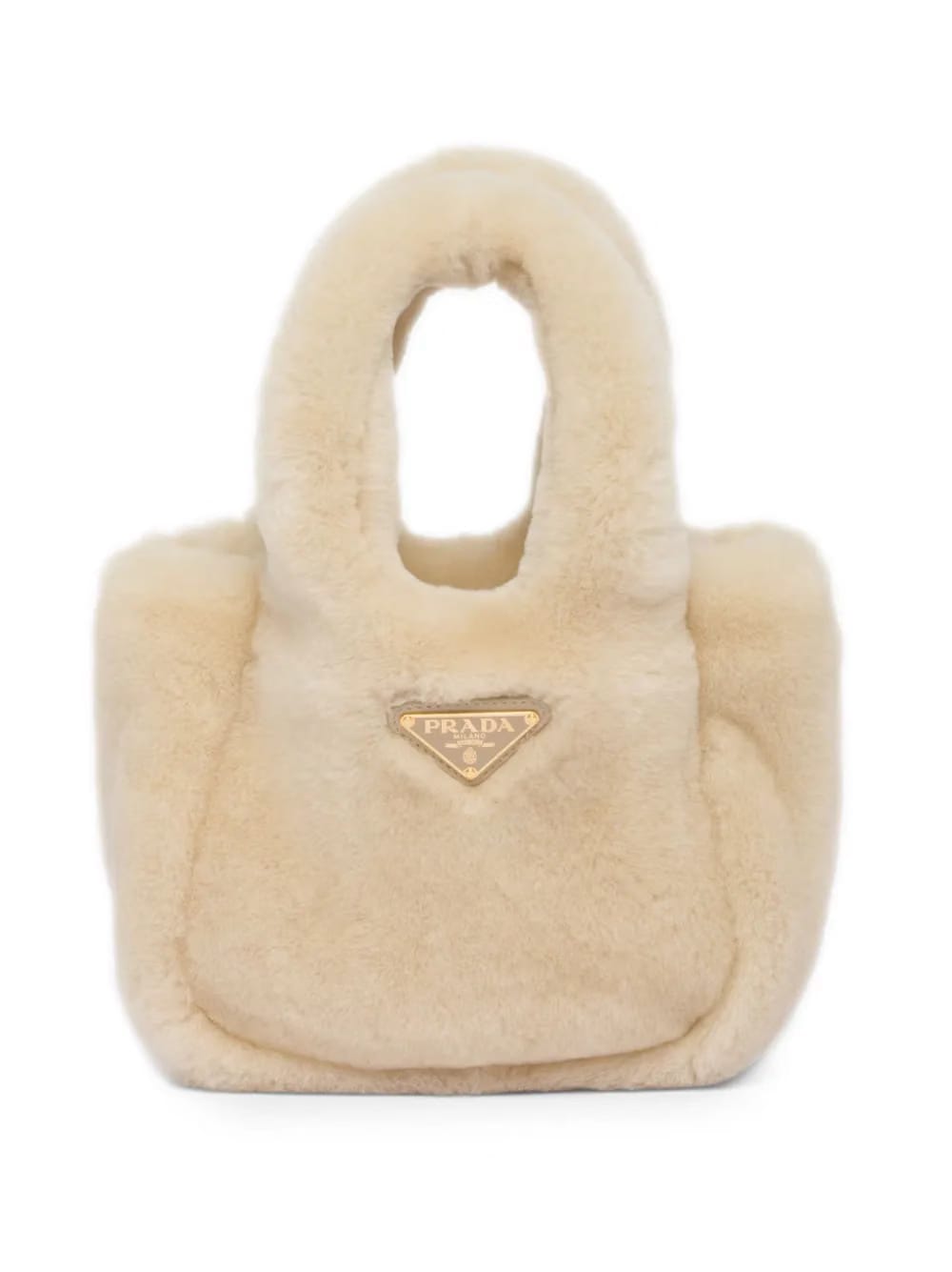 mini triangle-logo shearling tote bag