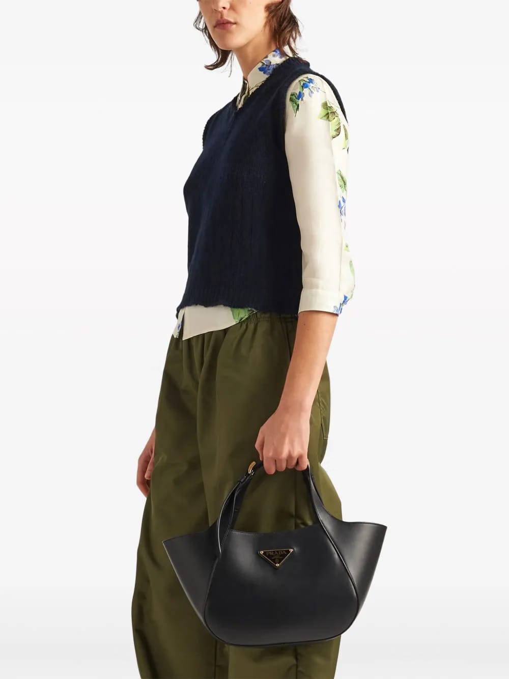 medium enamel triangle logo leather tote bag