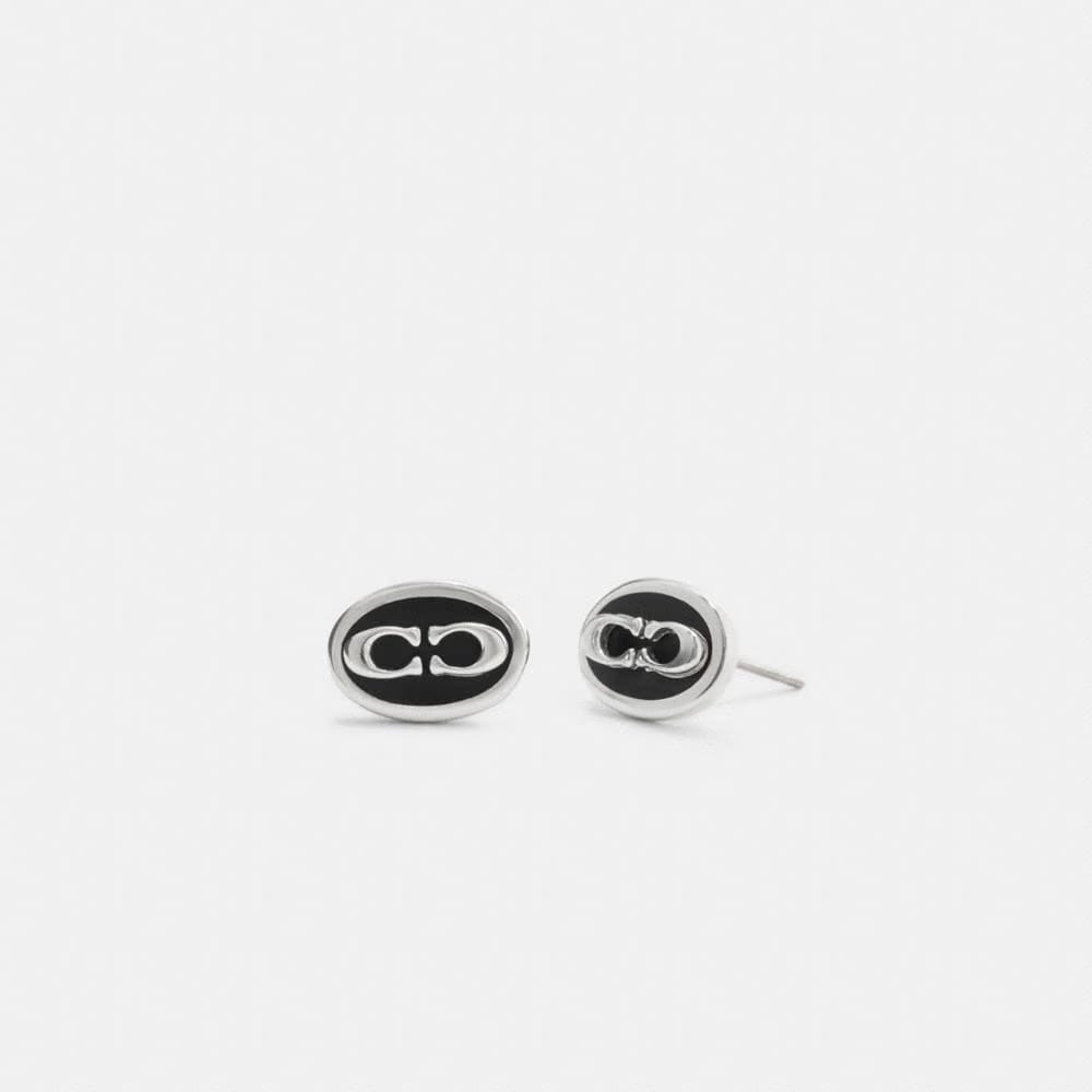 Coach Signature Link Enamel Stud Earrings Silver Black