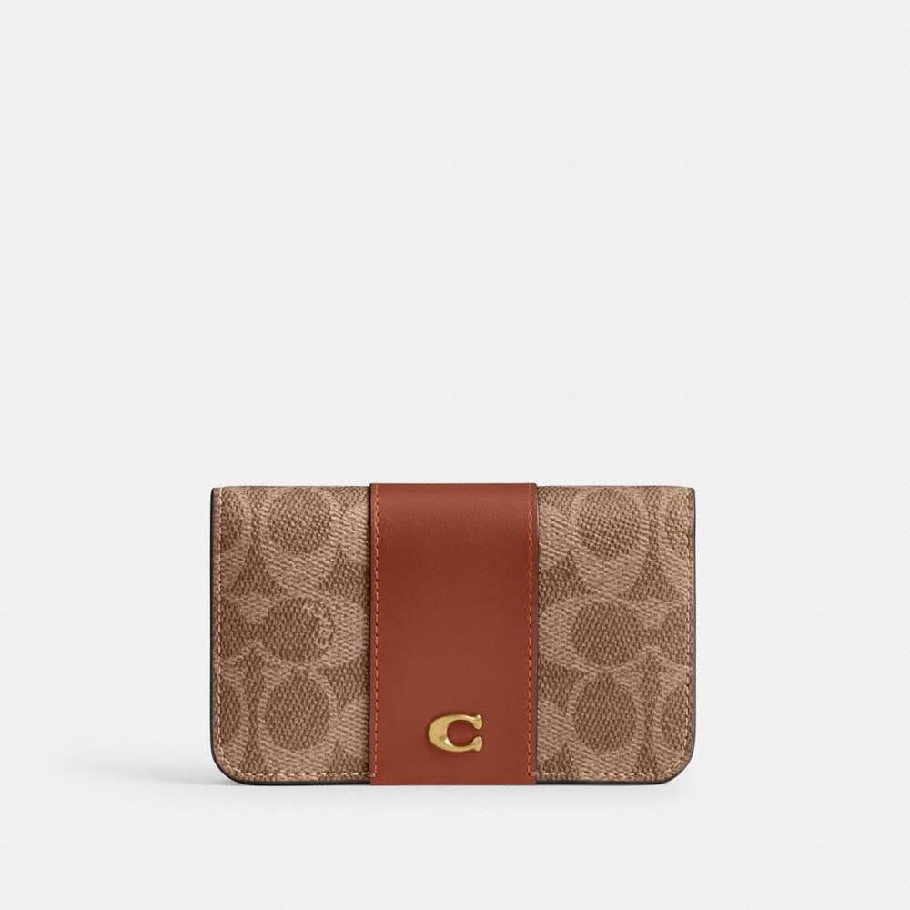 Coach Essential Slim Card Case In Signature Canvas Brass Tan Caramel