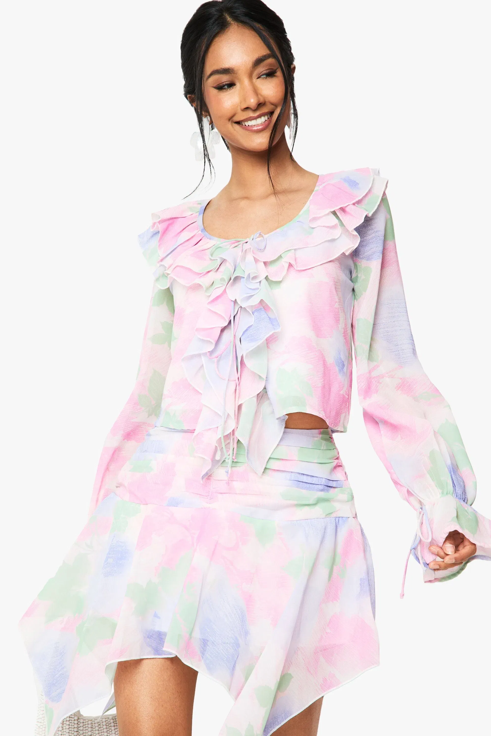Floral Chiffon Hanky Hem Mini Skirt