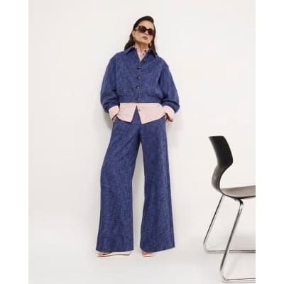 Navy Linen Look Wide Leg Trousers