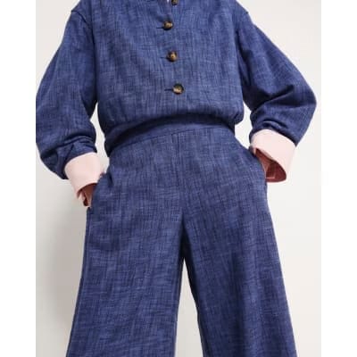 Navy Linen Look Wide Leg Trousers
