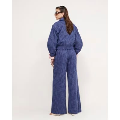 Navy Linen Look Wide Leg Trousers
