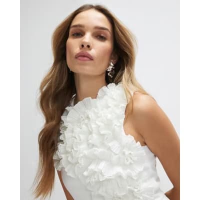 Cream Sleeveless 3D Plisse Ruffle Playsuit