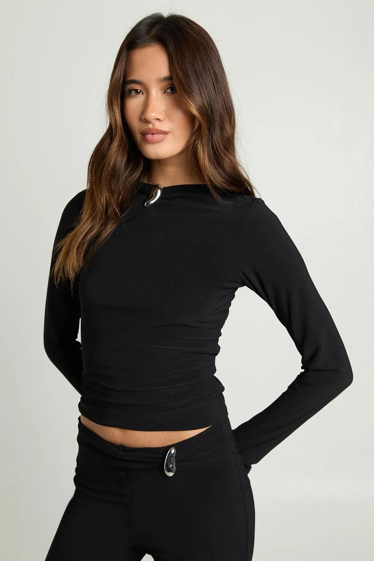 Double Layer Slinky Top With Silver Trim Detail
