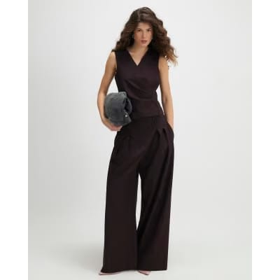 Brown Pinstripe Pleat Front Top