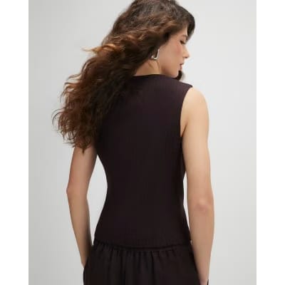 Brown Pinstripe Pleat Front Top