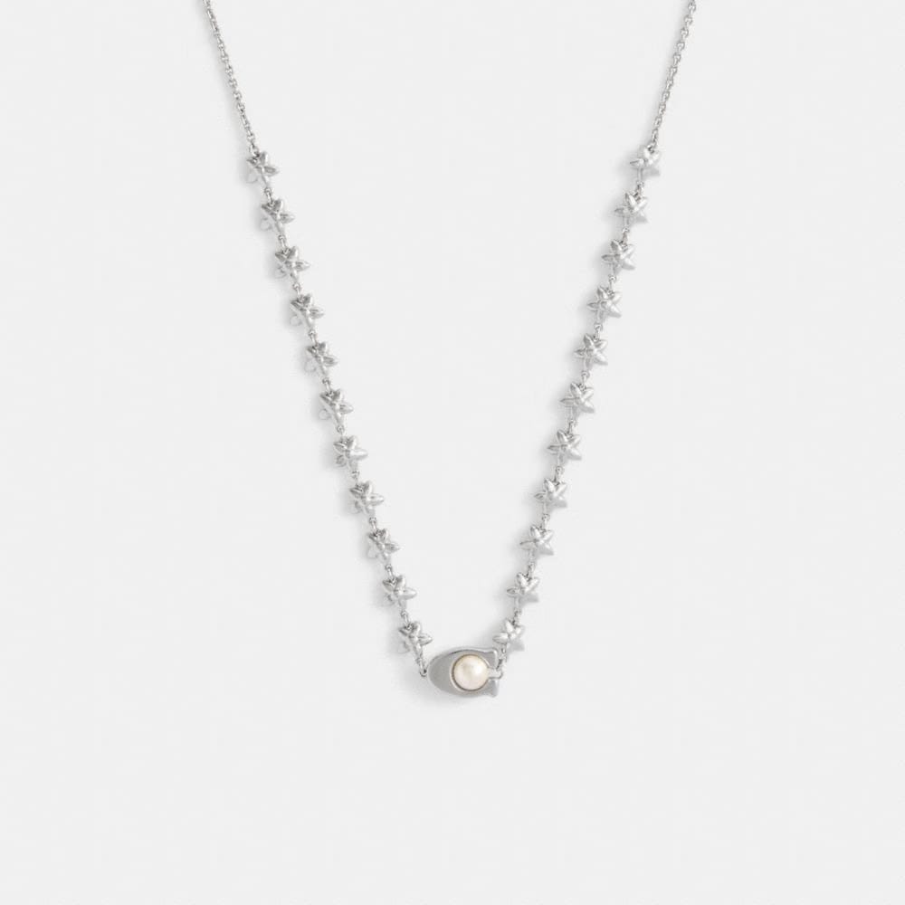 Coach Wildflower Chain Signature Necklace Silver Pearl