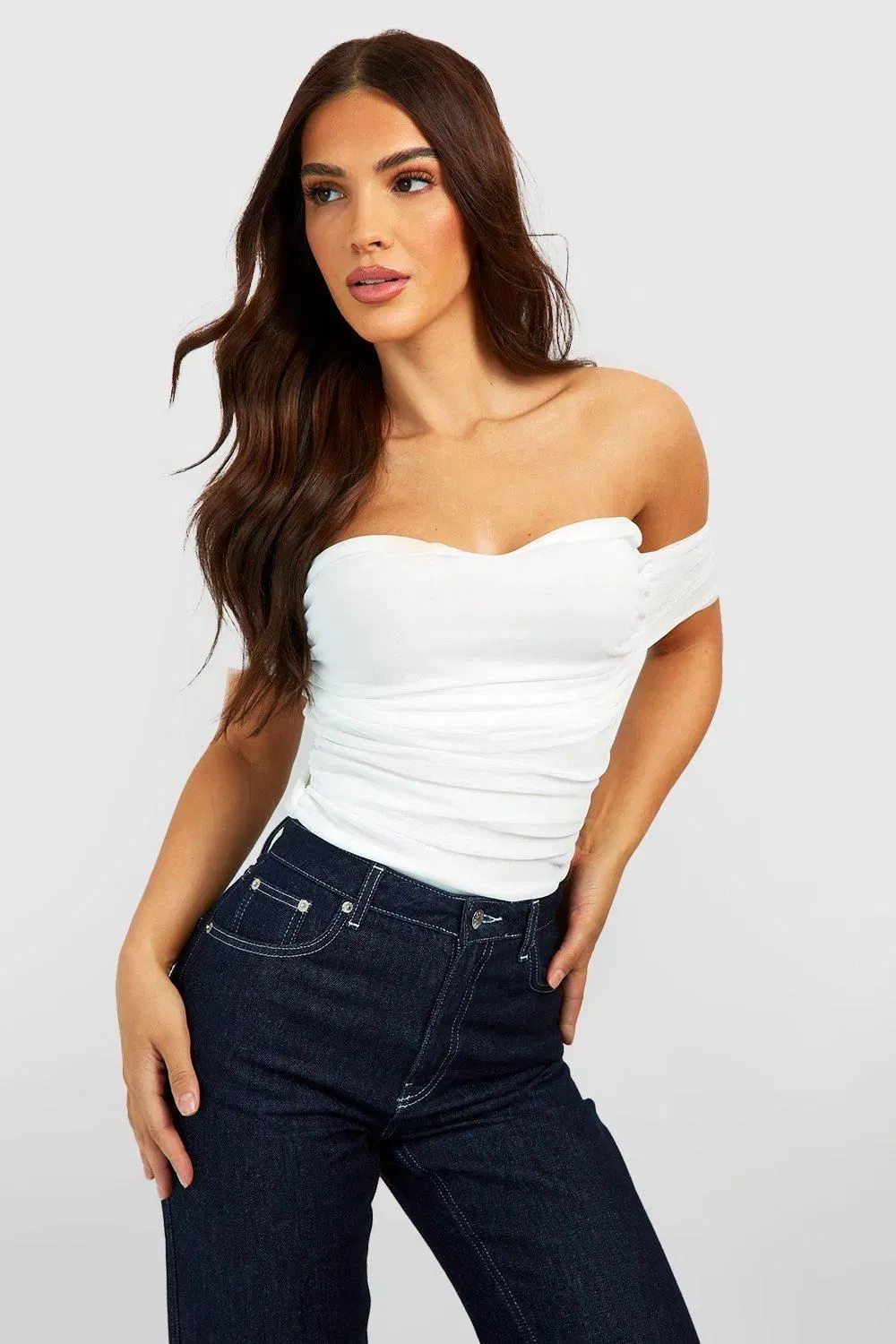 Mesh Off The Shoulder Corset Detail Bodysuit