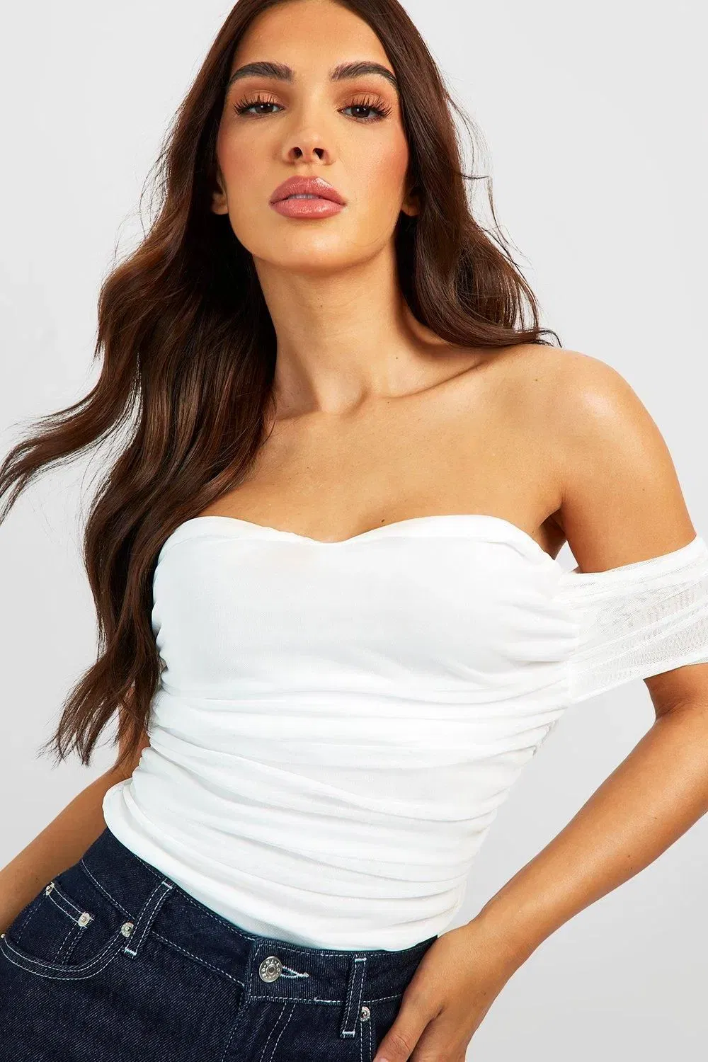 Mesh Off The Shoulder Corset Detail Bodysuit