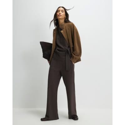 Brown Textured Wide Leg Trousers
