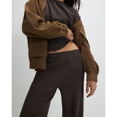 Brown Textured Wide Leg Trousers