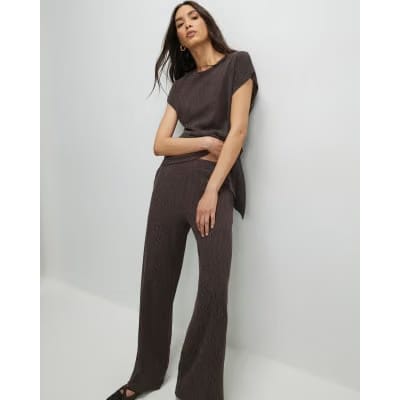 Brown Textured Wide Leg Trousers