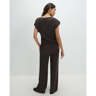 Brown Textured Wide Leg Trousers