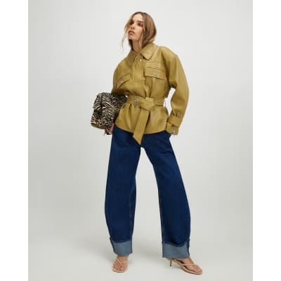Green Faux Leather Belted Jacket