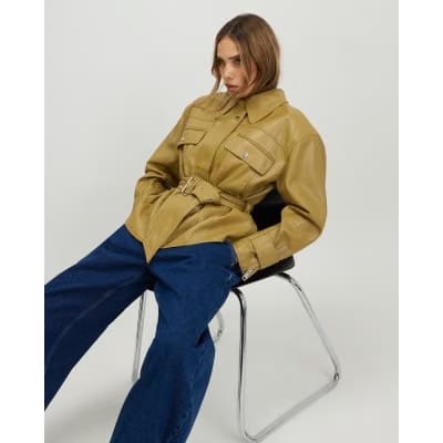 Green Faux Leather Belted Jacket