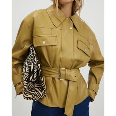 Green Faux Leather Belted Jacket