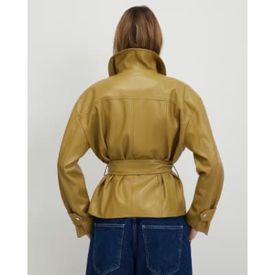 Green Faux Leather Belted Jacket