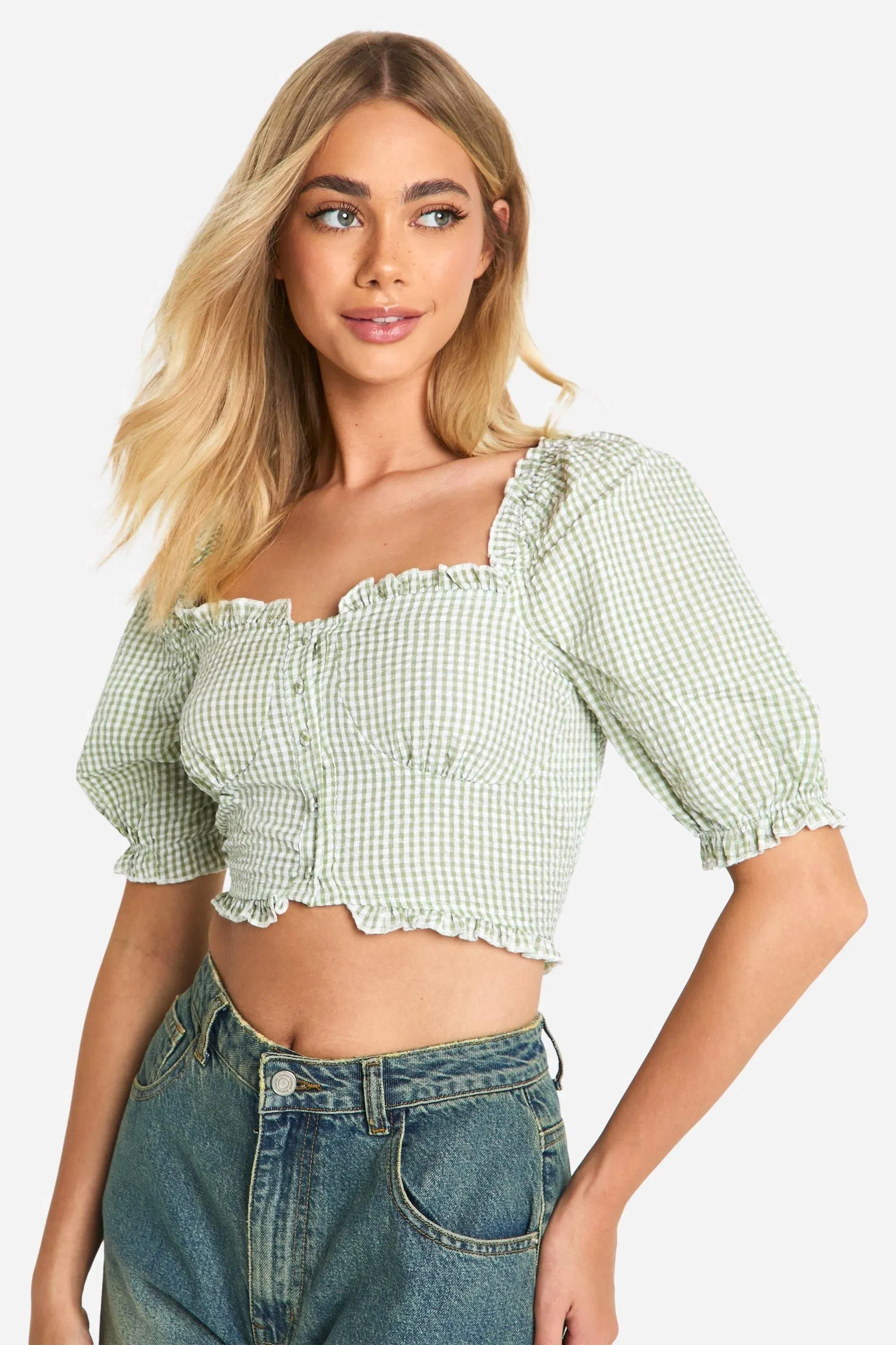 Gingham Frill Hem Puff Sleeve Crop Top