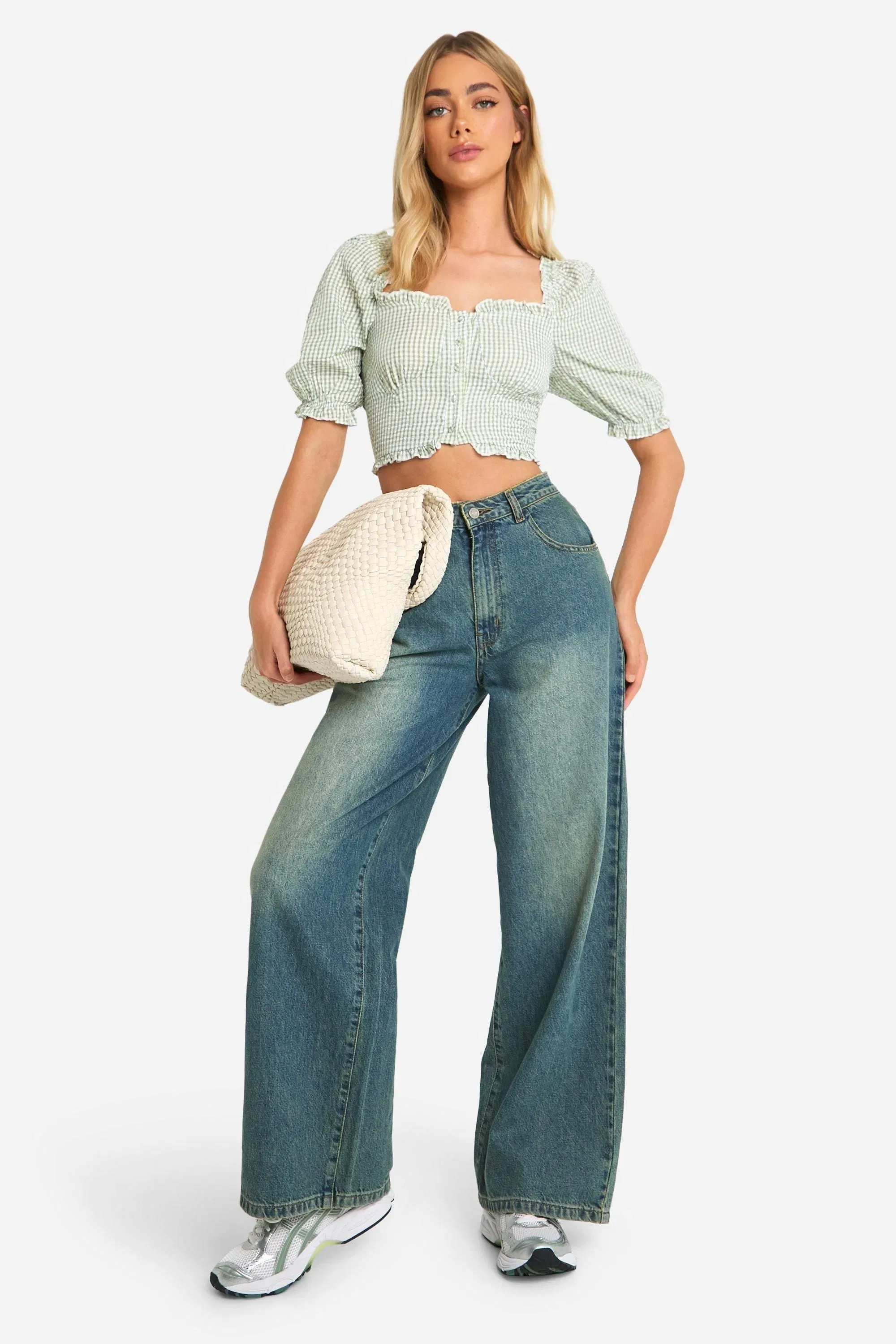 Gingham Frill Hem Puff Sleeve Crop Top