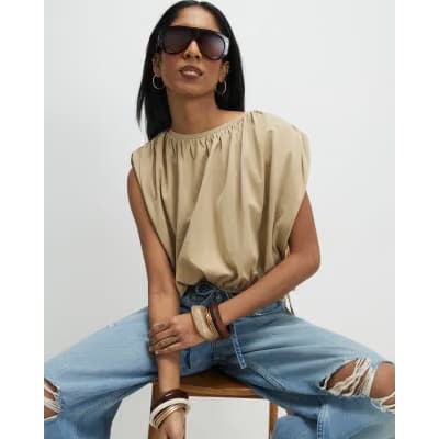 Beige Bubble Hem T-Shirt