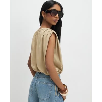 Beige Bubble Hem T-Shirt