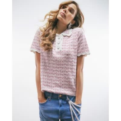 Pink Button Up Boucle Collared Top
