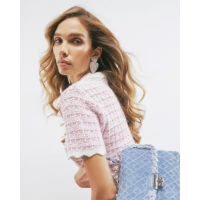 Pink Button Up Boucle Collared Top