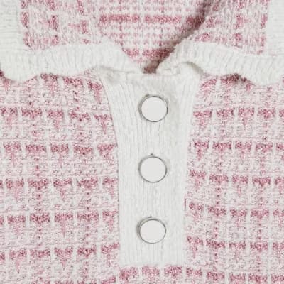 Pink Button Up Boucle Collared Top