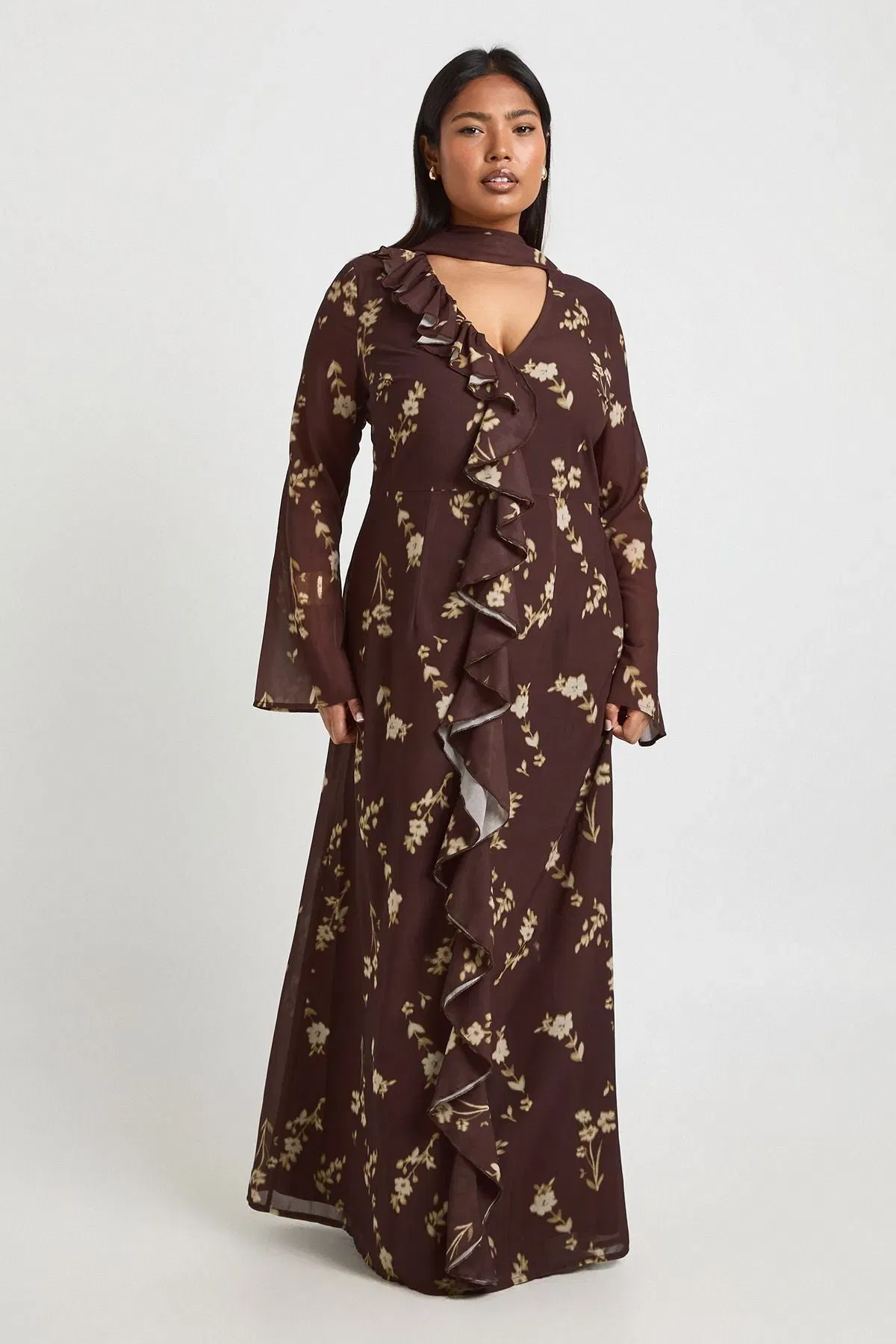 Plus Ruffle Front Seam Scarf Detail Maxi Dress