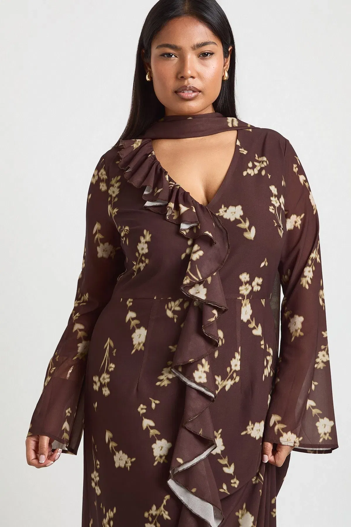 Plus Ruffle Front Seam Scarf Detail Maxi Dress