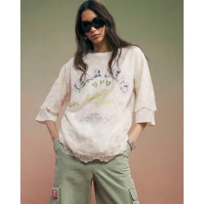 Cream Year Zero Lace Overlay T-Shirt