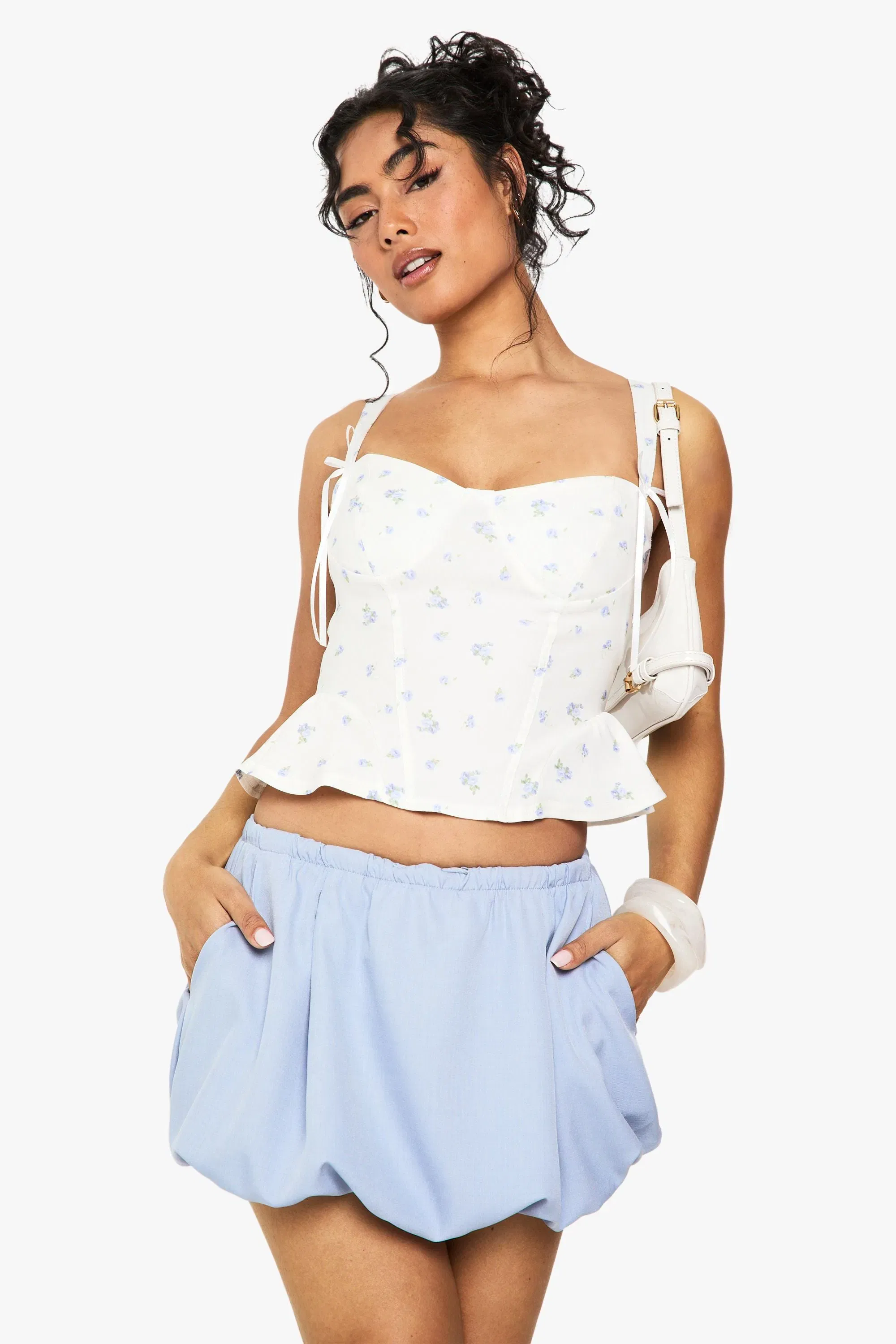 Ditsy Print Bengaline Bow Detail Corset Top