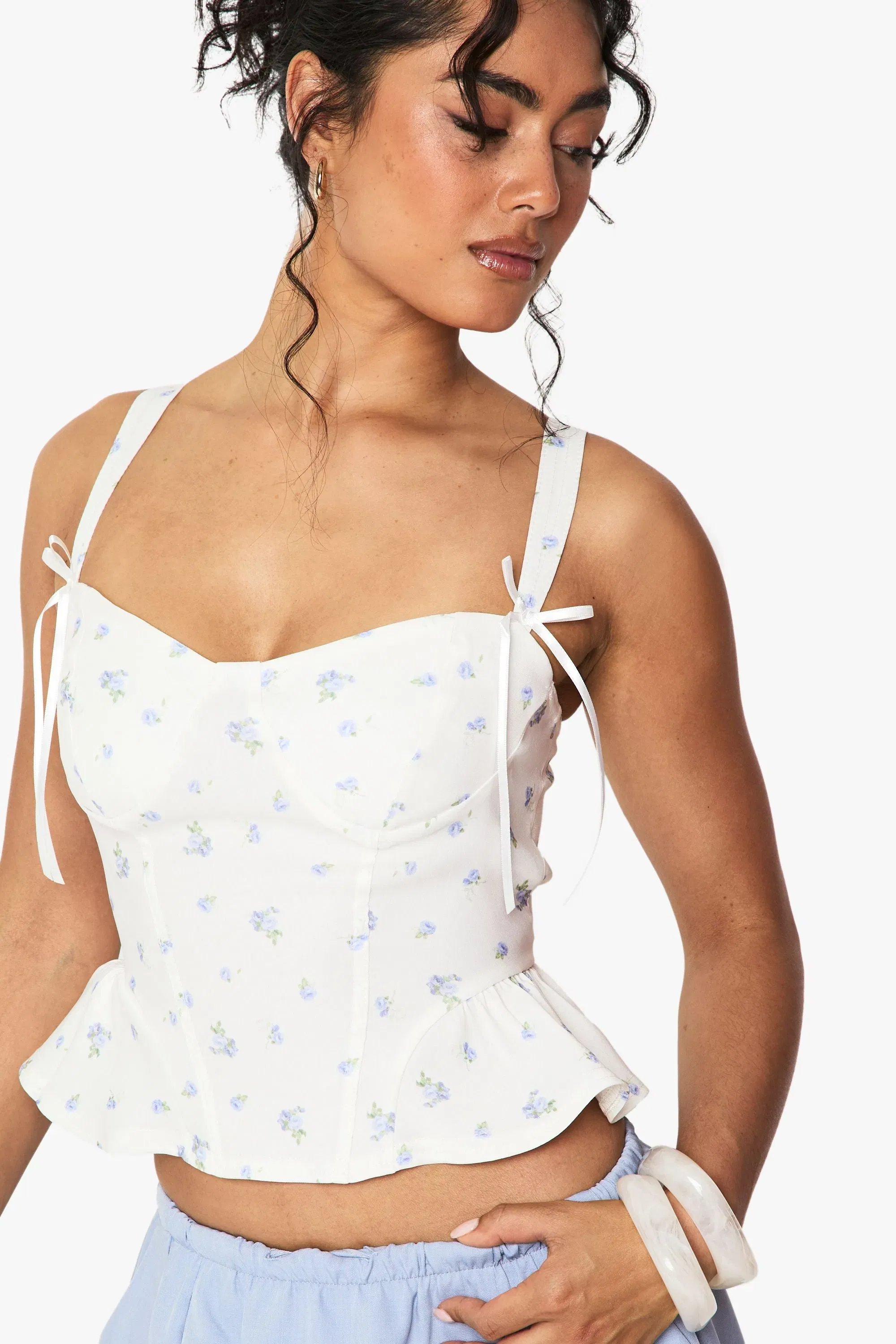 Ditsy Print Bengaline Bow Detail Corset Top