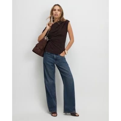 Brown Short Sleeve Drape Off Shoulder Top