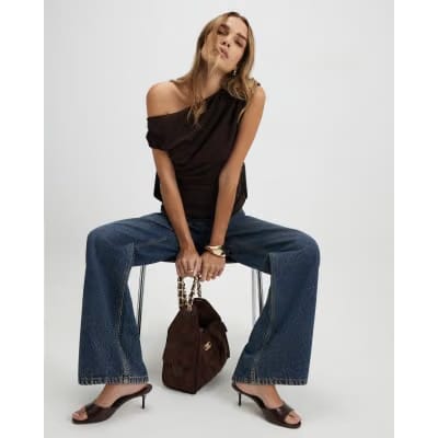 Brown Short Sleeve Drape Off Shoulder Top