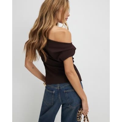 Brown Short Sleeve Drape Off Shoulder Top