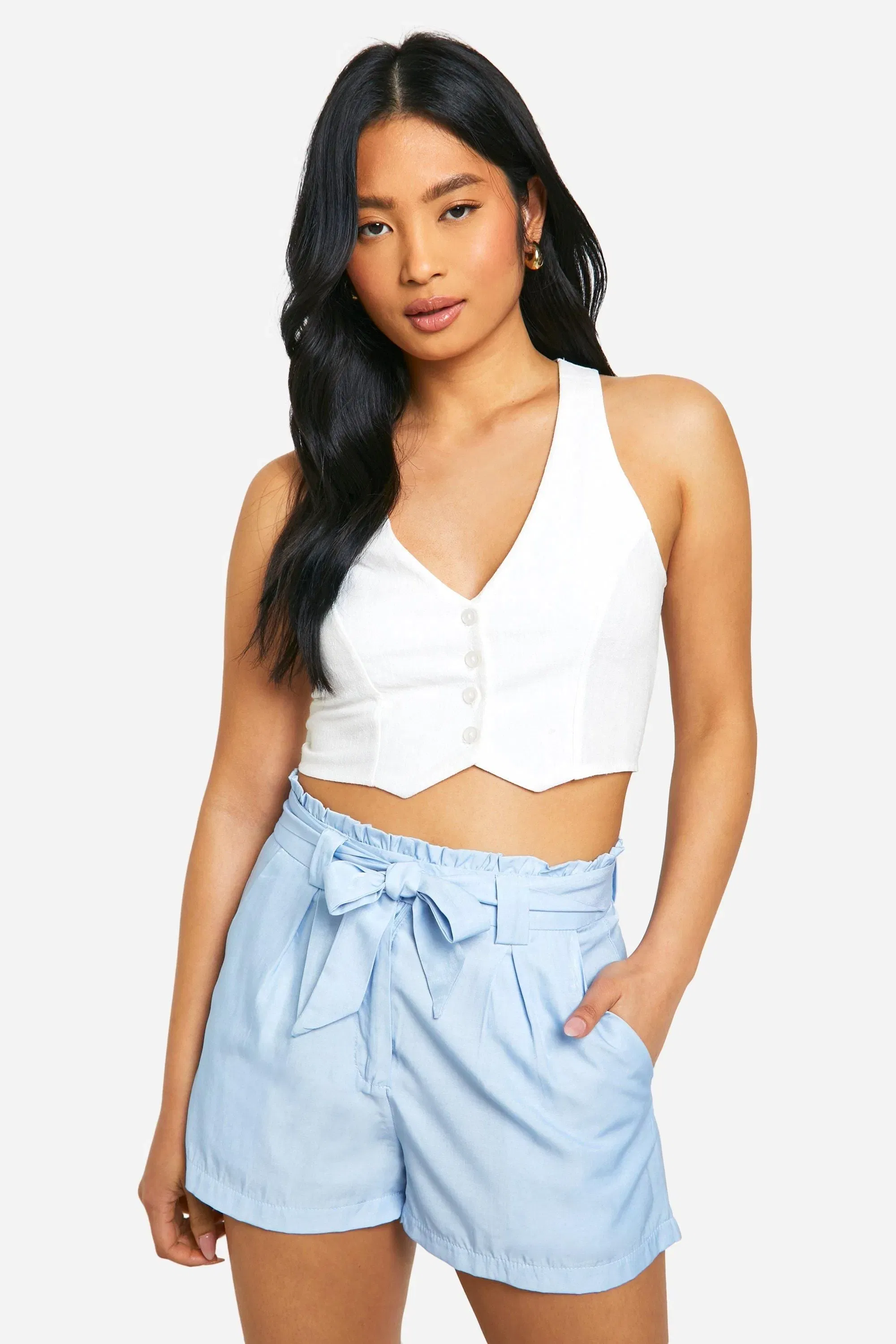 Petite Chambray Paperbag Waist Shorts