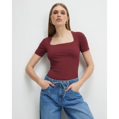 Red Square Neck Fitted Top