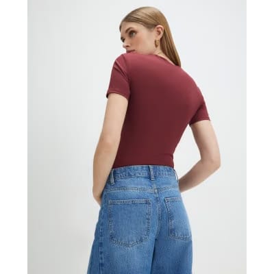 Red Square Neck Fitted Top