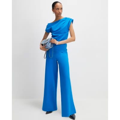 Blue Stretch Wide Leg Trousers